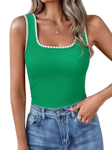 Yousify Womens Tank Tops Square Neck Ribbed Fitted Trendy Tops for Women 2026 Sleeveless Green Tank Top