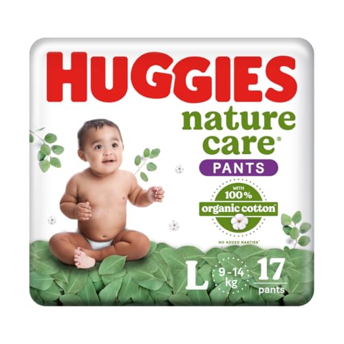Huggies Nature Care Pants, Large (L) Size Baby Diaper Pants, 17 Count, Natures Gentle Protection With Organic Cotton