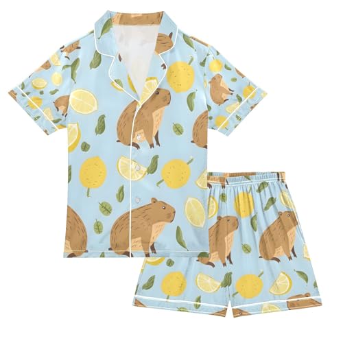 senya Cute Capybara Lemon A Satin Summer Pajama Sets Silk Short Sleeve Button Down Sleepwear