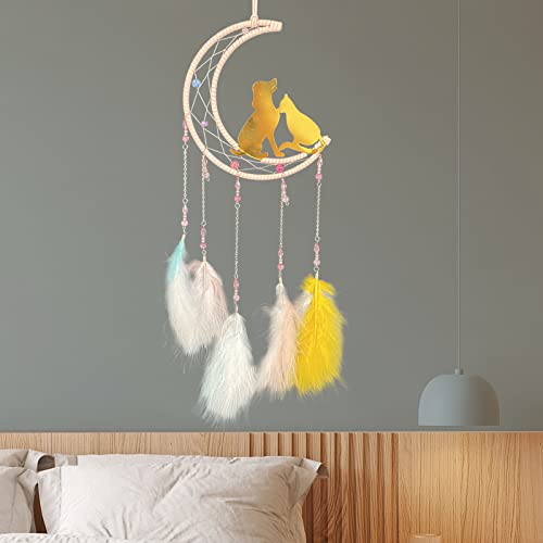 Moon Dream Catchers Dog Cat Dream Catcher for Boys Girls Dog Cat Memorial Gifts for Dog Cat Lovers Native American Dreamcatcher Decor for Bedroom Wall Hanging Ornament Pet Loss Sympathy Blessing Gifts