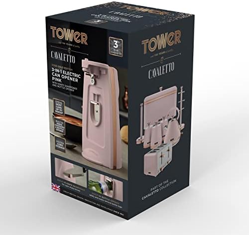 Tower T19031PNK Cavaletto 3-in-1 Electric Can Opener with Knife Sharpener and Bottle Opener, Marshmallow Pink and Rose Gold