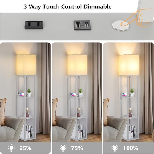 FOLKSMATE LED Shelf Floor Lamp, Modern Touch Control Dimmable Standing Lamp with 2 USB Ports and 1 Power Outlet, Corner Tall Lamps with Shelves, Wood Standing Light for Bedroom, Living Room, Grey by FOLKSMATE - Used condition - Image 2