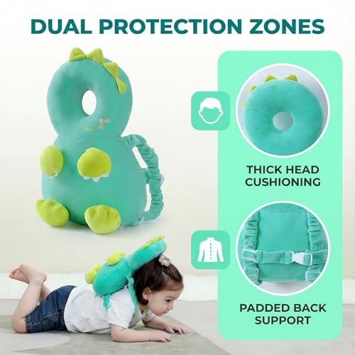 Image of Baby Head Protection Backpack - Soft Lightweight Fall Cushion for Toddlers During Crawling & Walking, Helps Ease Impact from Backward Tumbles(Green Dinosaur)