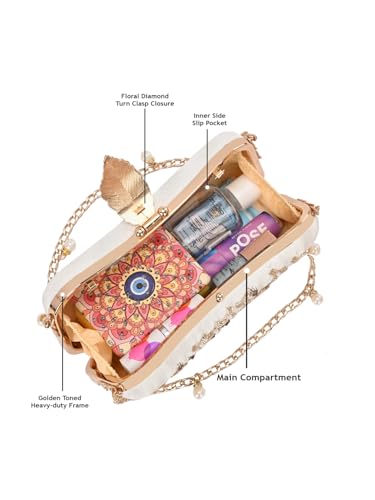 Image of TOOBA Handicraft Women's Beautiful Bling Box Clutch Bag | Evening Bag, Bridal Purse & Party Handbag | Wedding & Special Occasion Clutch (Flower Leaf)