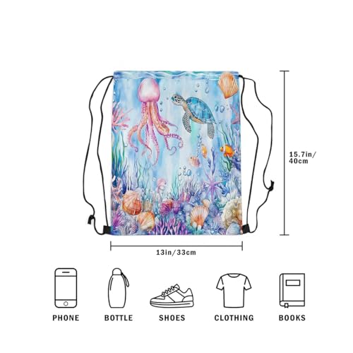 Image of jejeloiu Blue Ocean Seaworld Drawstring Backpack 13x15.7inch Marine Life Waterproof Gym Drawstring Bags Beach Turtle Octopus Sea Horse Sports String Backpack Beach Swim Travel Bag Sackpack