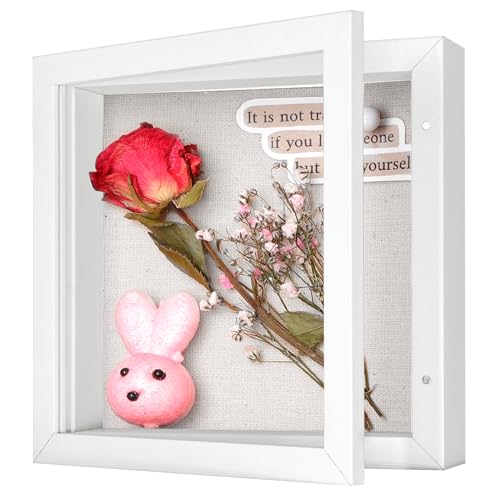 Califortree 5x5 Shadow Box Frame with Linen Back - Sturdy Rustic Memory Display Case of Flower, Pictures, Medals and More, White