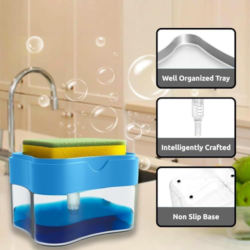 Image of KESI 2-in-1 Kitchen & Bathroom Soap Dispenser with Sponge Dish Wash Sink Soap Pump Holder Liquid Dispenser Liquid Gel Shampoo Dispenser Kitchen & Bathroom Accessories & Bottle Cleaning Brush