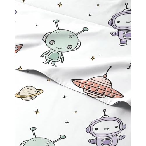 Kids Full Size Robot Bed Sheets - 4 Piece Kids Robot Sheet Set - Galaxy Space Bedding - Ultra-Soft, Cute & Cozy - Breathable & Machine Washable - Wonderful Bed Set for Boys, Girls, Teens & T