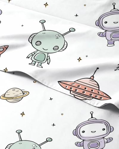 Image of Kids Queen Size Robot Bed Sheets - 4 Piece Kids Robot Sheet Set - Galaxy Space Bedding - Ultra-Soft, Cute & Cozy - Breathable & Machine Washable - Colorful Bed Set for Boys, Girls, Teens & Toddlers