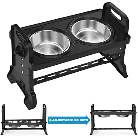 VavoPaw Adjustable Elevated Dog Bowls, 4 Adjustable Heights Dog Cat Raised Stand Feeder with Double Stainless Steel Bowls, Detachable Elevated Food & Water Dish for Cats and Small Medium Dogs, Black Cover