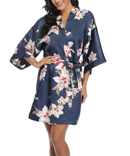 Image of Women's Short Satin Robes Lightweight Silky V-Neck Sleepwear Wedding Bridal Party Bride Bridesmaid Bathrobes