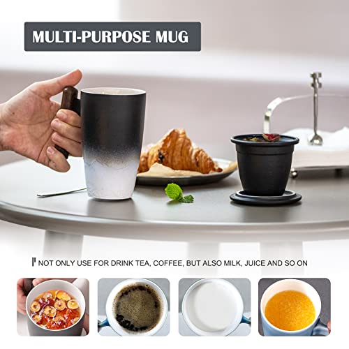 Suyika Tomotime Ceramic Tea Cup With Infuser And Lid Tea Mugs Wooden Handle 400Ml/13.5Oz Black #TOP3