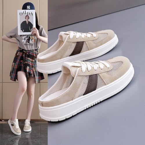 Cute Backless Mule Sneakers for Women Wide Platform Tennis & Racquet Sport Shoes Slip On House Slippers Lightweight Leather Breathable Mesh No-slip Casual Lace-up Comfort Walking Slides Indoor Outdoor2