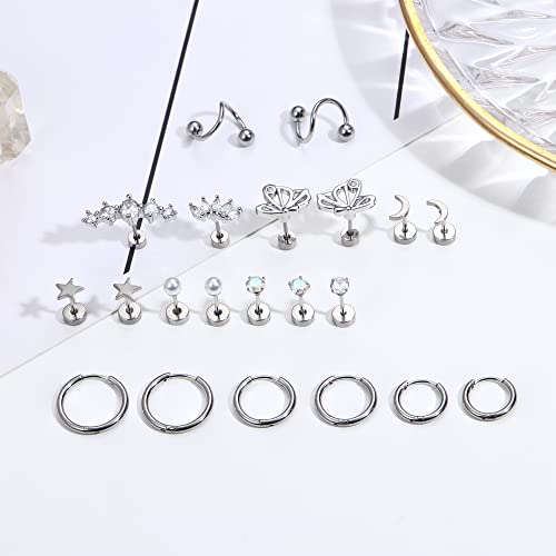 Zelores 20G Cartilage Earrings Set For Women Men Stainless Steel Small Huggie Hoop Earring Flatback Star Moon Butterfly Cz Cartilage Stud Earrings Silver Chain Dangle Cartilage Helix Tragus Piercing Jewelry #TOP4