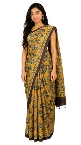 Image of Ethnics of Kutch Womenss Ajrakh Modal Silk Natural Dye Hand Block Print Saree with Blouse Piece - 5.5 Mtr Length