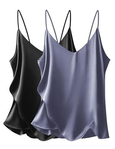 Ekouaer Women's 2 Pcs Satin Camisole Silky Pajama Tank Tops V Neck Soft Spaghetti Strap Loose Basic Sleepwear