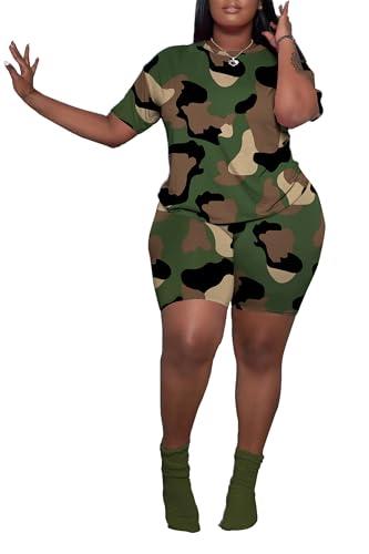 PINSV Womens Plus Size 2 Piece Outfits Tracksuits Short Sleeve Top Shorts Lounge Sets Sweatsuits Camouflage 4XL