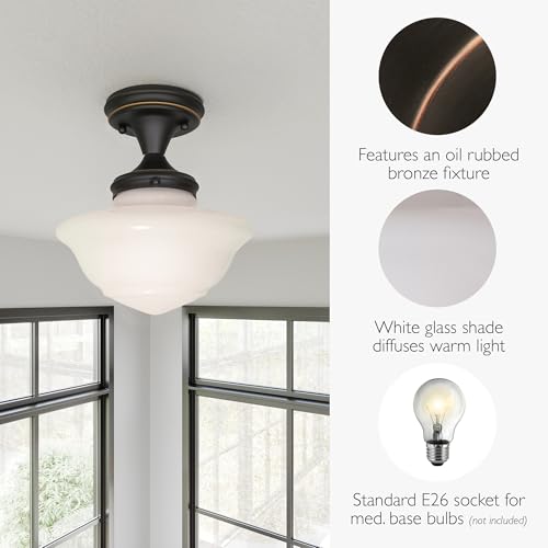 Image of Design House Vintage-Inspired Schoolhouse Semi-Flush Mount Ceiling Light, 9 in x 9 in x 10 in, Oil-Rubbed Bronze, White Glass Shade, 507502
