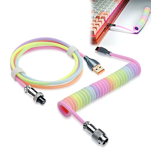 WOWLED Pro Custom Coiled USB C Cable for Gaming Keyboard, Double-Sleeved Mechanical Keyboard With Detachable Metal Aviator, 1.8M USB-C to USB-A (Rainbow)