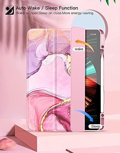 ZtotopCases Case for iPad Pro 12.9 5th Generation 2021 with Pencil Holder, Soft TPU Back Cover, Rugged Shockproof Case with Auto Sleep/Wake, Marble Pink