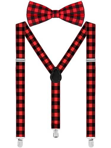 SATINIOR Suspender Bow Tie Set Clip On Y Shape Adjustable Braces 80s Suspenders Shoulder Strap for Men Women Halloween Cosplay Party(Red a 4.3 x 2.3 inches