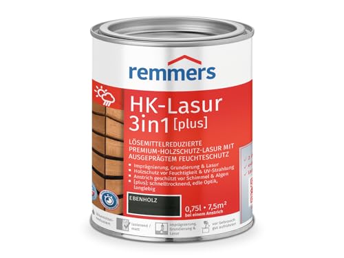 Remmers HK-Lasur 3 in 1 [plus] ebano, opaco, 0,75 litri, vernice protettiva per legno di alta qualità, 3 in 1, ad asciugatura rapida, durevole