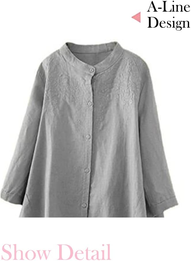 Minibee Women's Cotton Linen Shirt High Low Button Down Embroidered Blouse Long Sleeve Tunic Tops - Image 3