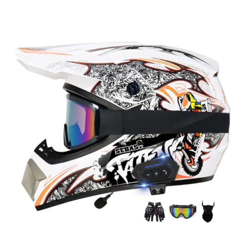 Off-Road Motorcycle Helmet with Bluetooth, Adult &Youth Dirt Bike ATV Racing Crash Touring Helmet with Gloves Goggles Mask, Lightweight Motocross Downhill Sports Helmets, DOT Approved-29||Medium