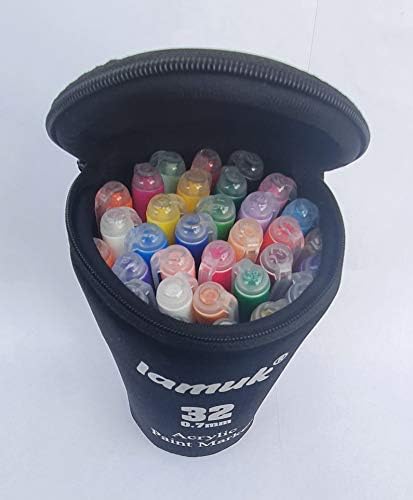 Lamuk 32 Acrylic Paint Pens-0.7mm Fine Tip Permanent Non-Toxic Water Based Painting Pen Set for Wood, Glass, Rock, Mug, Ceramic, Fabric, Stones- Waterproof Metallic (Quick Dry) DIY Drawing Markers Kit