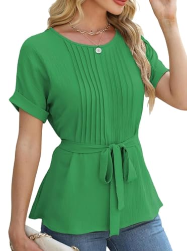 Image of Sthxyfaith Business Casual Tops for Women Dressy Shirt Summer Peplum Tops Work Pleated Blouse Womens Business Clothing Green Small