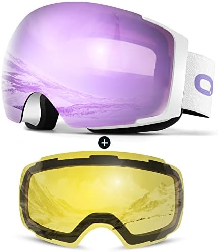 Odoland Magnetic Interchangeable Ski Goggles with 2 Lens, Large Spherical Frameless Snow Snowboard Goggles for Men Women, White Frame Purple Lens vlt 25%