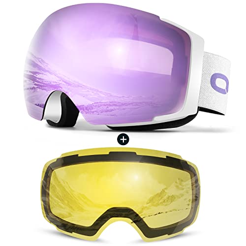 Odoland Kit de Lunettes de Ski Magnetique, avec Lentille Détachable, Masque de Snowboard Hommes et Femmes, Anti-UV400, Anti-Buée, Coupe-Vent, Lunettes de Protection Sphérique Argent REVO VLT