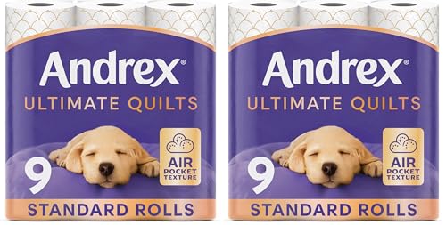 Andrex Ultimate Quilts Toilet Paper 9 Rolls, Air Pocket Technology for Soft, Thick Sheets -Pack of 18 Quilted Toilet Rolls, FSC Certified
