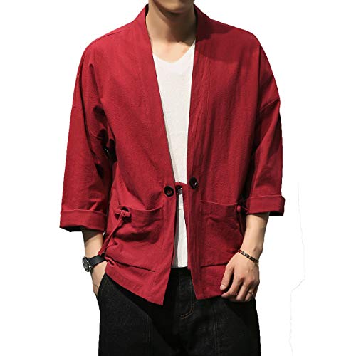 Image of Mens Kimono Cardigan Cotton Linen Japanese Shirt 3 /4 Sleeve Haori Yukata | Skin-Friendly Solid Color Lightweight Shawl Collar Kimono Robe Embroidery Button Tie Pockets Happi Coat All Season Daily Wear