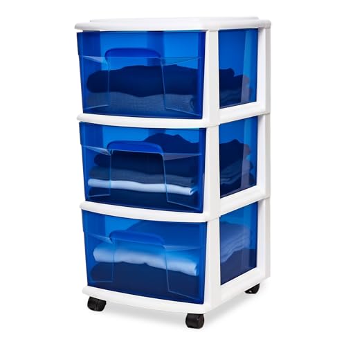 HOMZ Drawer Tower, 3-Tier Storage Cart with Removable Wheels, White Frame