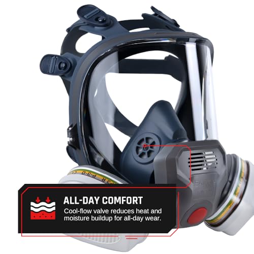 IRM-100 Full Face Respirator Mask with ABEK1P3 P-3-0 Filters – Push Button Seal Check, Silicone 6-Point Harness, Voice Amplifier, Impact Resistant Face Shield