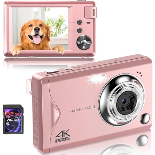 Digitalkamera, 48MP 1080P Full HD-Kamera, 32GB TF-Karte, 3,0-Zoll-Bildschirm, tragbare Kompaktkamera mit 16x digitalem Zoom, 4K Ultra HD-Videoaufzeichnung, (pink)