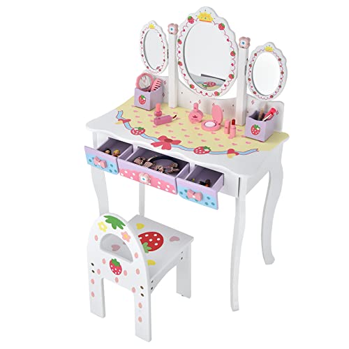 Image of Maxmass Kids Dressing Table and Chair, 2-in-1 Vanity Table with Tri-Fold Mirror, 3 Drawers and 2 Storage Boxes, Girls Makeup Desk & Chair Set for Children Toddlers (White)