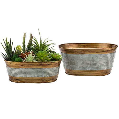 Mygift Silver Metal Galvanized Bucket Planter, Rustic Tub Style Plant Pot With Vintage Copper Tone Rim, Set Of 2 - Handcrafted In India #TOP6