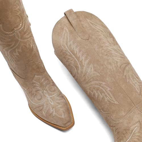 Image of Tscoyuki Cowboy Boots for Women: Embroidered Western Knee High Boots Women - Pointed Toe Chunky Heel Cowgirl Tall Boots