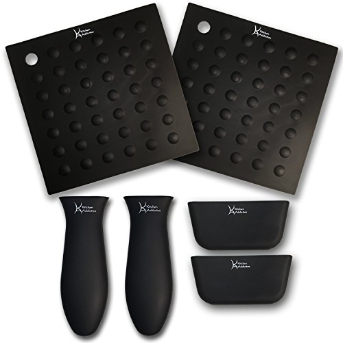 6 Piece Silicone Kitchen Set - Kitchen Addiction 2 Hot Handle Holder Sleeves, 2 Trivet/Potholder/Grippers, 2 Assist Handles Set (Black) #TOP3