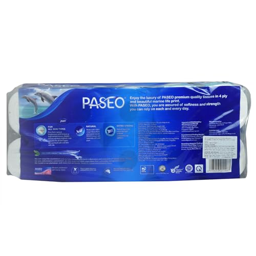 Image of Paseo Dolphin Print Bathroom Tissue Roll | 4 Ply Toilet Paper | Extra Soft & Thick | Skin Safe & Eco-Friendly | Pack of 10 Rolls (800 Sheets per Roll, 8,000 Sheets Total)