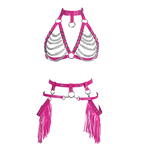 Petmhs Womens Waist Harness Leather Belt Metal Chain Body Tassel Punk Festival Dance Rave Costumes Lingerie Garter Belts (Rose Red) One Size #TOP17