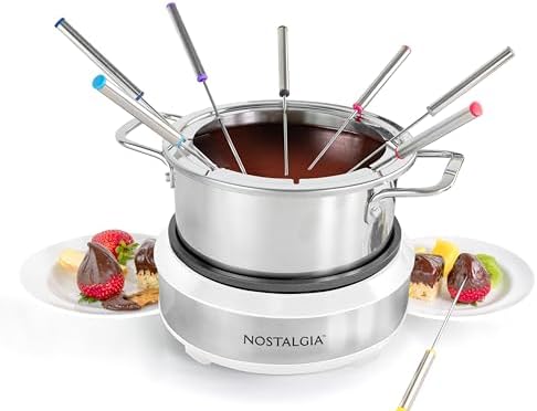 Nostalgia 8-Cup Electric Fondue Pot Set for Cheese & Chocolate - 8 Color-Coded Forks, Temperature Control - Kitchen Gadgets and Appliances for Hors d'Oeuvres and More - White