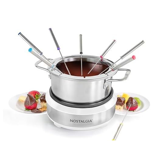 Nostalgia 8-Cup Electric Fondue Pot Set for Cheese & Chocolate - 8 Color-Coded Forks, Temperature Control - Kitchen Gadgets and Appliances for Hors d'Oeuvres and More - White