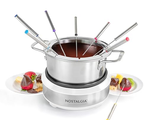 Nostalgia 8-Cup Electric Fondue Pot Set for Cheese & Chocolate - 8 Color-Coded Forks, Temperature Control - Kitchen Gadgets and Appliances for Hors d'Oeuvres and More - White