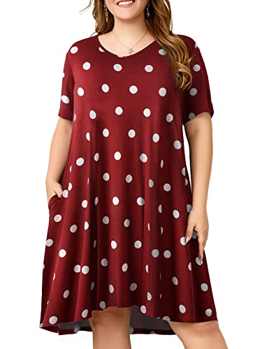 Image of OVERWORETY Womens Short Sleeve Plus Size T-Shirt Dress V Neck Casual Loose Swing A-Line Summer Tunic Dresses with Pockets