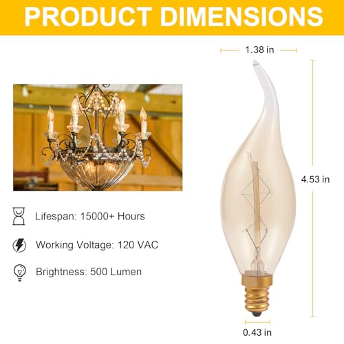 SCOMX E12 Edison Vintage Equivalent Energy Incandescent Chandelier 40W 110-130V, 280 Lumen Bent Flame Tip Bulb with Candelabra Base Home Light Fixtures Decorative, Dimmable 8-Pack