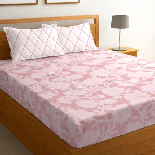 Image of Cotton Glace Cotton Elastic Fitted Bedsheet with 2 King Size Pillow Covers | Double Bed with All Around Elastic, Fits Upto 8 Inches Mattress, Size 72 x 78 Inches (Pink White)