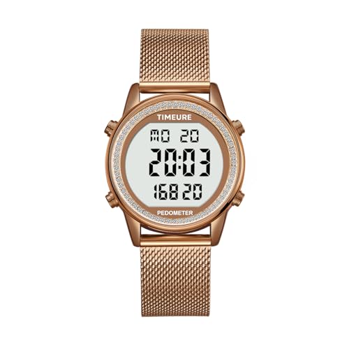 TIMEURE Damen Schrittzähler Uhr, Stilvolles Design, gut ablesbar, zeichnet Kalorien, Schritte, Kilometerstand, Countdown und Alarm auf, mit Hintergrundbeleuchtung, TU-2401(Kaffee mit Diamanten)